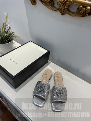 Gucci GG Sequins Slide Sandals Silver 2021 Collection