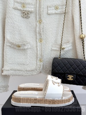 Chanel Leather Wood Flat Slides Sandal with Chain Beige 2025