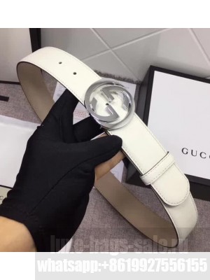 Gucci White Leather Belt with Interlocking G Buckle 370543 37MM Width Silver Hardware 2018
