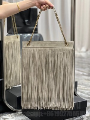 SAINT LAURENT MEDIUM CHAIN BAG IN LIGHT SUEDE WITH FRINGES 633752 BEIGE