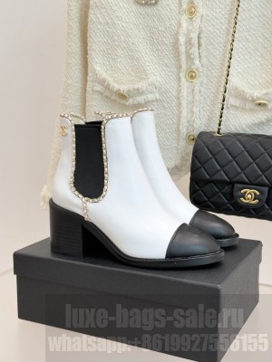 Chanel Calfskin Leather Heel Ankle Boots 5cm with Chain white