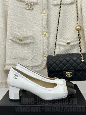 Chanel Women's 6cm  Leather With Pearl Pumps White