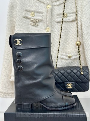 Chanel Women's Lambskin & Patent Calfskin with Buttons Black Boots 2024 