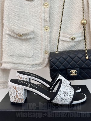 Chanel 6.5cm Mesh Lace Camellia Slide White