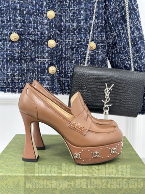 Gucci Leather Platform Pumps 11cm with G Studs Brown 2023 