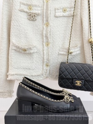 Chanel Calfskin 6.5cm Pumps with Chain Bow Black 2025
