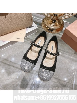 Miu Miu Glitter Flats with metal chain and artificial pearl embellishment Silver/Black