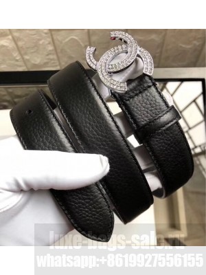 Chanel Width 3cm Crystal CC Logo Buckle Leather Belt Grained Black/Silver