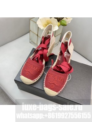 Prada Linen Logo 8cm Embroidered Wedge Espadrilles  2022 Collection Red