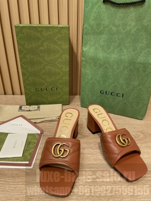 Gucci Double G Chevron Matelassé leather 5.5cm ‎Slide Sandals 2022 Collection,Brown