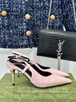 Gucci Satin Slingback Pumps 8.5cm with Crystals Pink