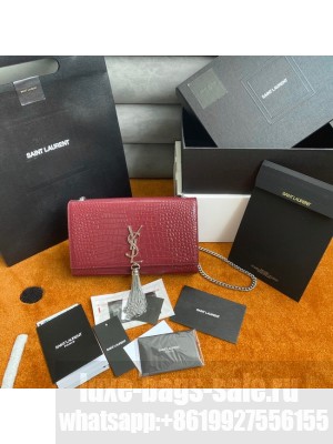 Yves Saint Laurent KATE CHAIN WALLET WITH TASSEL IN CROCODILE-EMBOSSED SHINY LEATHER 452159 Burgundy