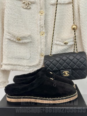 Chanel Suede & Shearling Wood Chain Flat Mules Black 2024