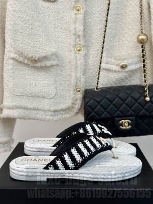 Chanel Knit Flat Thong Slides Sandal Light White/Black 2024