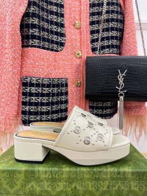 Gucci Leather Heel Platform Slide Sandals 5cm Interlocking G Studs 2023 White