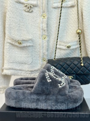 Chanel Wool Platform Rhinestone CC Logo Slide Mules 2024 Gray