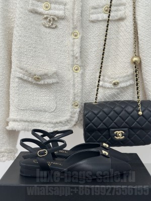 Chanel Lambskin & Satin Flat Sandals Black