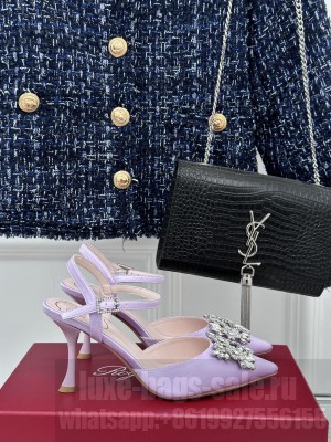 Roger Vivier Flower Strass Buckle 8.5cm Slingback Pumps in Black Satin