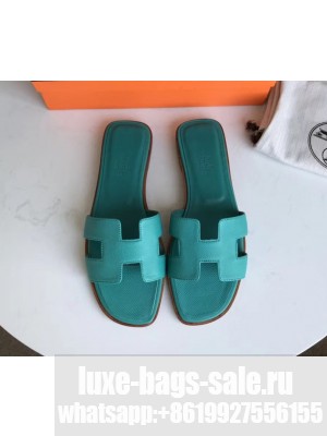 Hermes Oran Flat slippers in epsom leather Blue Paon with brown piping