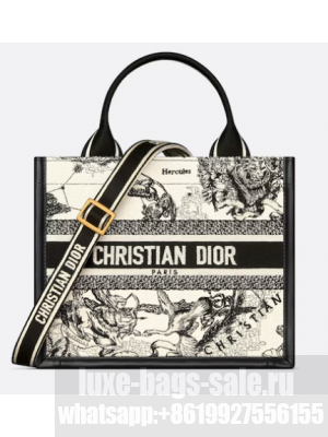Small Dior Book Tote Latte Multicolor Dior Zodiac Embroidery and Black Calfskin M1325CET