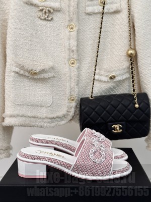 Chanel CC Chain Logo Fabric Heel Slide Mule 2024 Pink