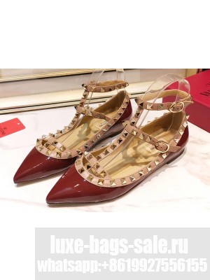 Valentino Rockstud Caged Ankle Strap Ballet Flats Ballerinas in Patent Leather Burgundy