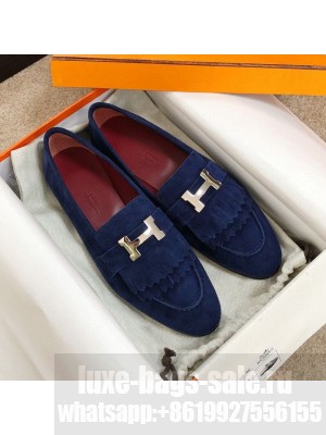 Hermes Royal Fringe Suede Flat Loafers Blue 2020 Collection