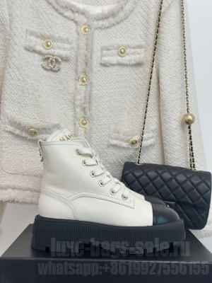 Chanel Calfskin 3.5cm Lace-up Biker Boots 2023 Cream