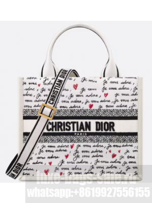 Dioramour Small Dior Book Tote White Embroidery with Black and Red Je Vous Adore Motif and White Calfskin M1325CZBX