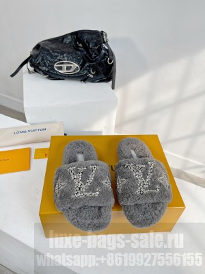 Louis Vuitton Shearling Flat Slide Sandals with Crystals Grey 2023