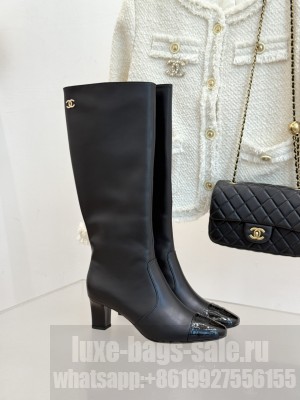 Chanel Calfskin Heel High Boots black