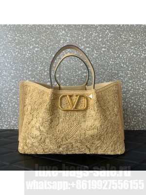 VALENTINO Medium RAFFIA MACRAME Shoulder Bag 0220L Apricot