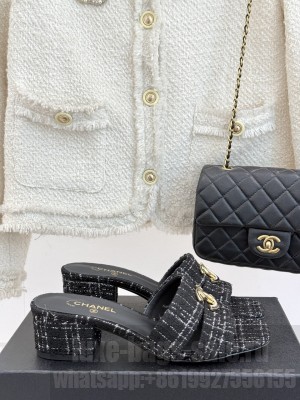 Chanel Tweed slides sandals with cc logo black 