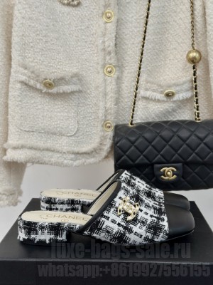 Chanel Tweed & Calfskin Flat Mule Black/White 2024