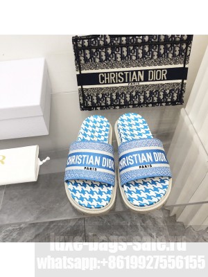 Dior Dway Slide Sandals in Blue Cotton Embroidery with Micro Houndstooth 2022 Collection