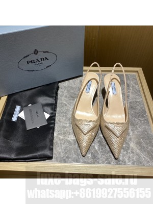 Prada Women's 5.5cm Satin Slingback Sandals With Crystals 2022 Collection,Beige