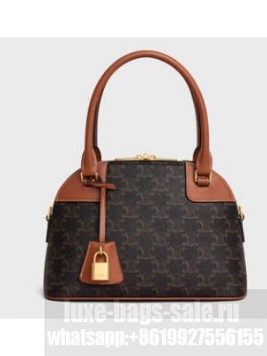 Celine SMALL BOWLING IN TRIOMPHE CANVAS AND CALFSKIN 121082 TAN