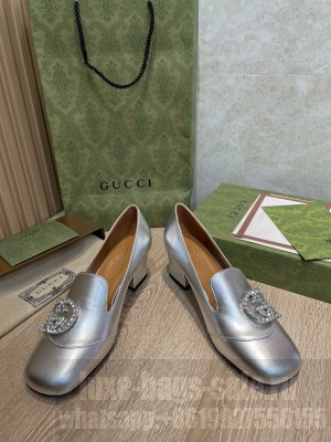 Gucci Leather Loafer Pumps 5cm with Crystal Double G Silver 2022 Collection