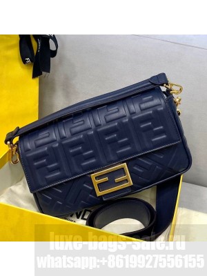 Fendi Baguette Medium FF Logo Lambskin Flap Bag Navy Blue  2021 Collection