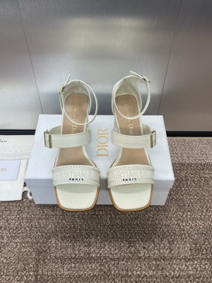 Dior Dway Heeled Sandals 7.5cm in White Calfskin and Embroidered Cotton 2025