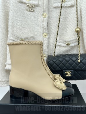 Chanel Women's Chain Around With Bow Leather/Patent Ankle Boots Beige