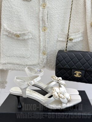 Chanel Lambskin With Camellia Chain 5cm Sandals White 2025
