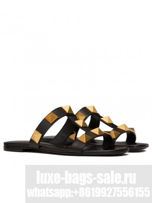 Valentino Women's Roman Stud Flat Calfskin Slide Sandal Black