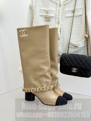 Chanel Lambskin & Grosgrain Heel Beige High Boots G46677