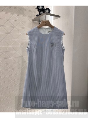 Miumiu Women's Letter Embroidery Striped Dress Gray