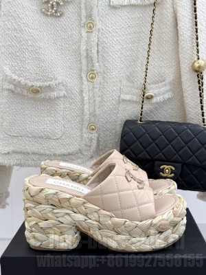 Chanel calfskin platform double C slipper pink heel 8cm 2025