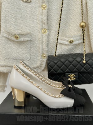 Chanel Women's 6.5cm Metal Heel Chain Around And Bow Lambskin Leather Pumps White