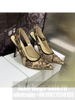 Dior J'Adior Slingback Pumps 9.5cm in Beige/Black Multicolor Embroidered Cotton with Jardin Botanique Motif 2023