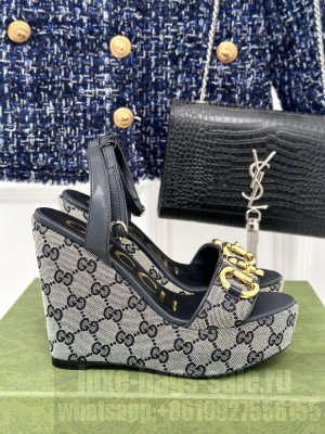 Gucci Women's Canvas 12cm Horsebit Wedge Sandals Black