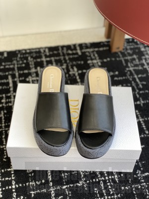 Dior L'Amazone Wedge Slide black Calfskin and Grey Graphic Cannage Raffia black